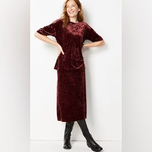 New JJill Lg 2 Piece Maroon Burdgundy Velvet Skirt Shirt Set Women Embroidered